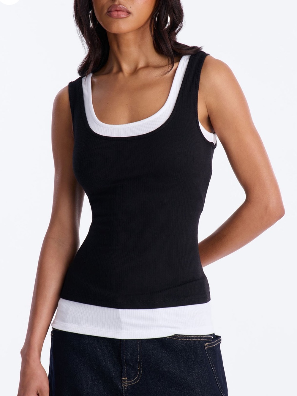 Fashion Nova Black Ribbed Tank with White Contrast Trim
